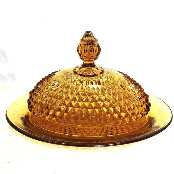 Indiana Glass Amber Diamond Point 70's  Oval Covered Butter Dish Vtg - Picture 1 of 12
